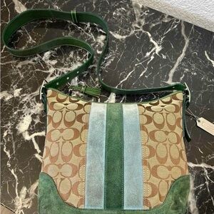 Coach Two-Tone Signature Canvas Crossbody in Green and Tan